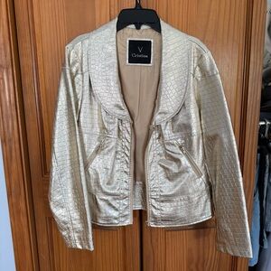 Faux Silver Leather Jacket Women’s Size Small V Cristina Collared Zip-Up Fashion